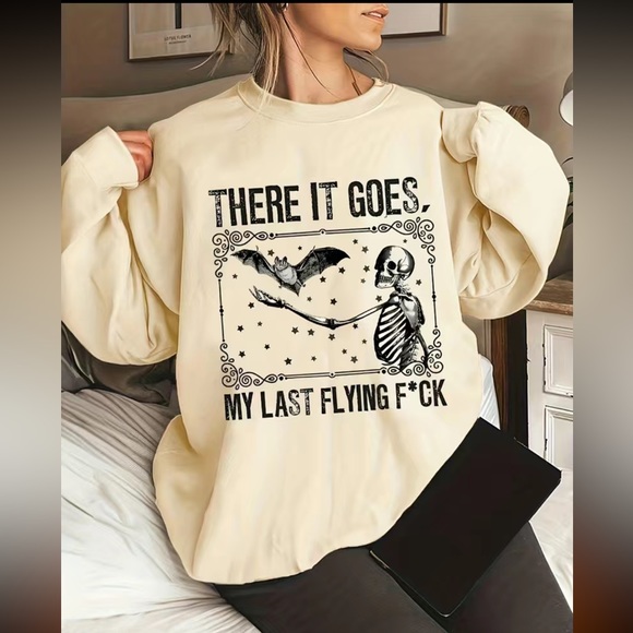 NEW LAST FLYING F*CK CREW NECK SWEATSHIRT LONG SLEEVE L SKELETON GRAPHIC - Picture 3 of 7